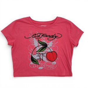 Ed Hardy Girls XL Women S Crop Top Cotton Blend Pink Tattoo Cherry Y2K Graphic